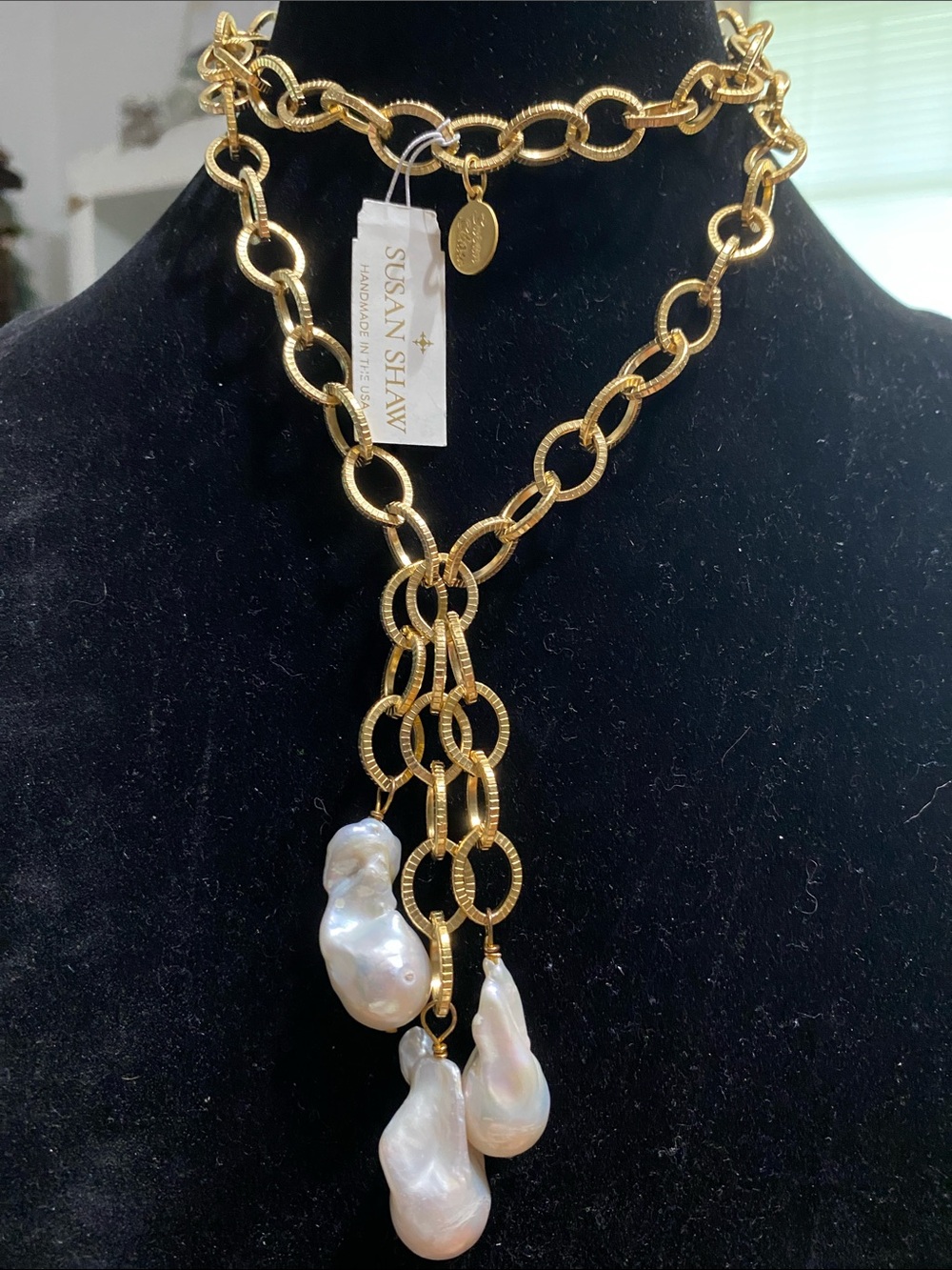 Susan Shaw Gold-Link Necklace with White Baroque Pearl Drops